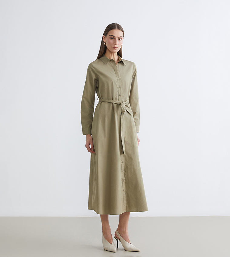 Belted Long Sleeves Shirt Dress