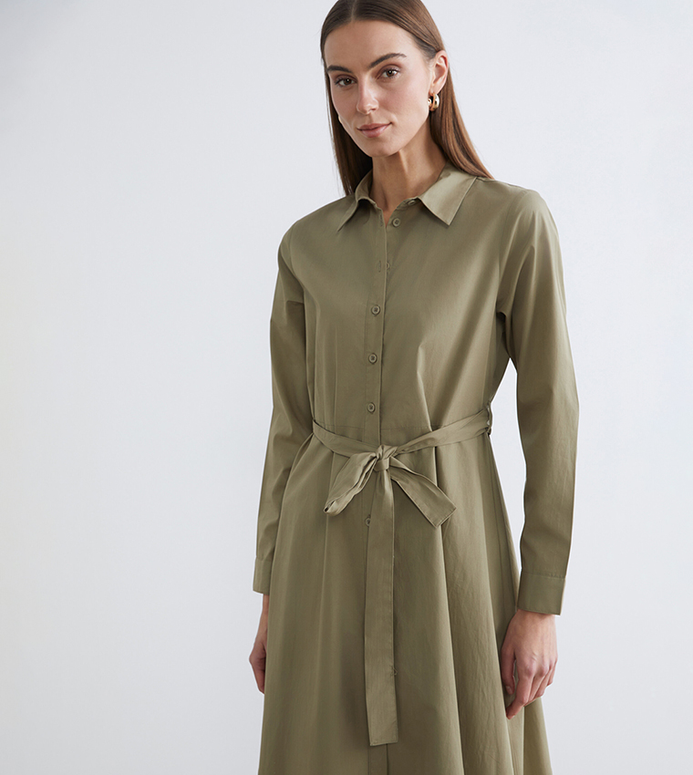 Belted Long Sleeves Shirt Dress