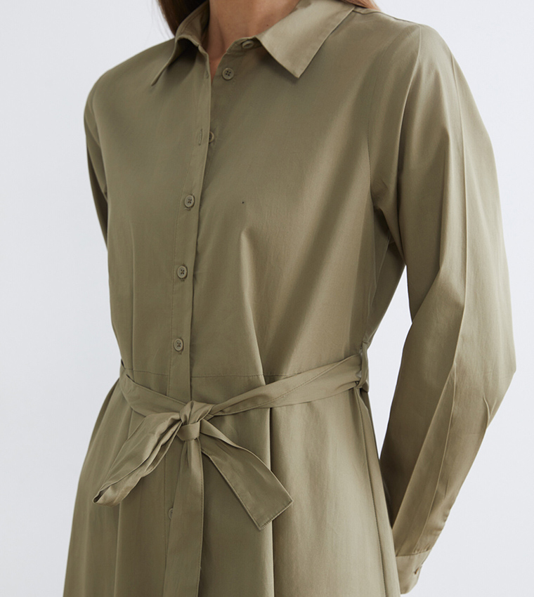 Belted Long Sleeves Shirt Dress