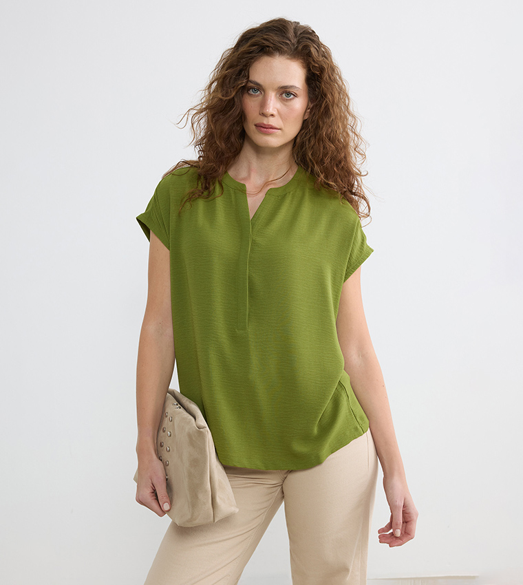 Solid Short Sleeves Woven Top