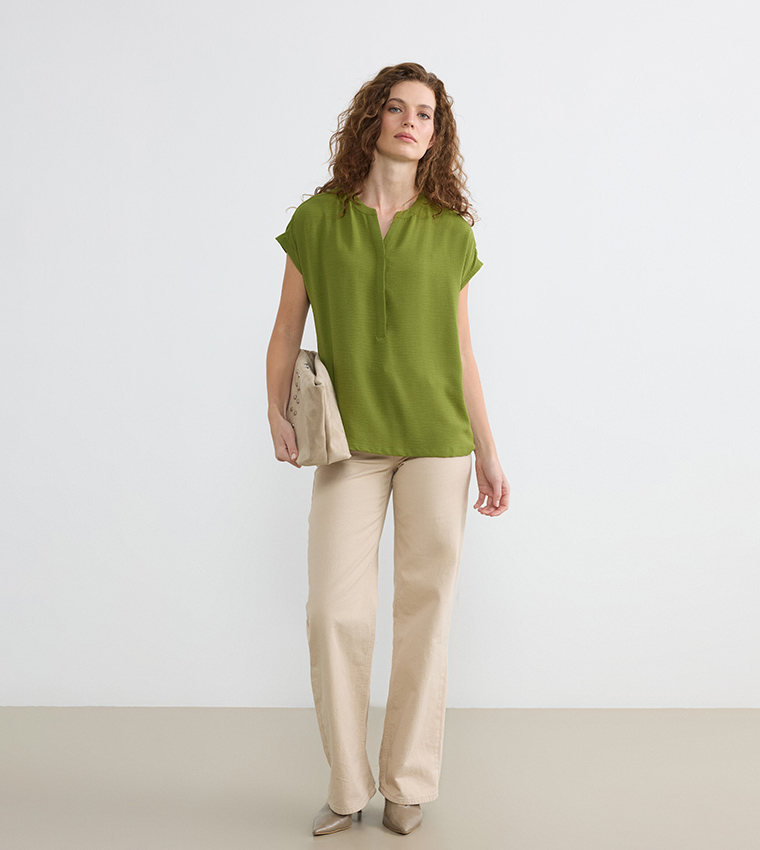 Solid Short Sleeves Woven Top