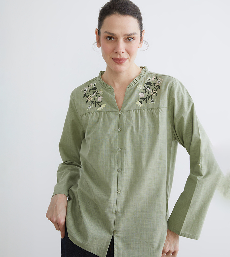 Floral Embroidered Stand-Up Collar Shirt