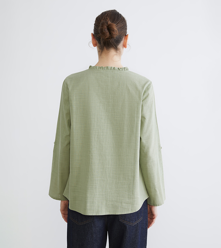 Floral Embroidered Stand-Up Collar Shirt