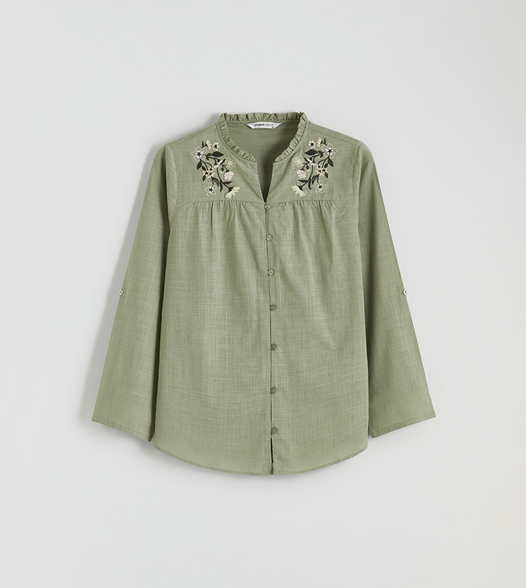 Floral Embroidered Stand-Up Collar Shirt