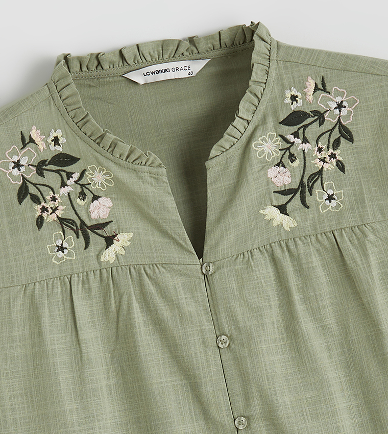 Floral Embroidered Stand-Up Collar Shirt