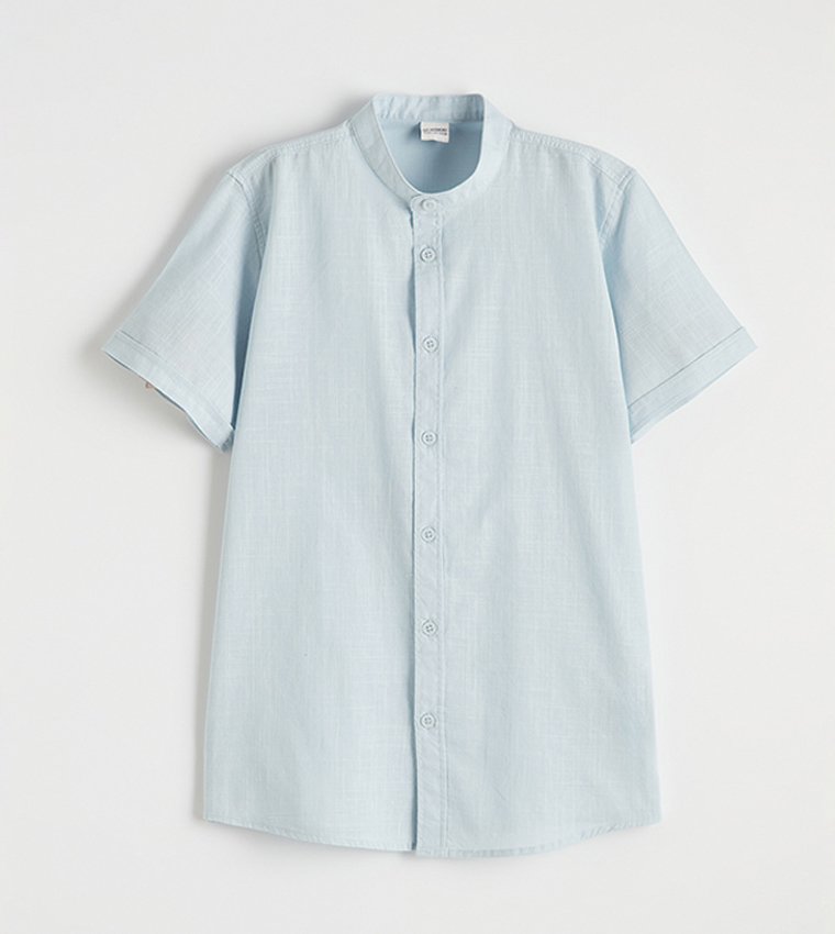 Solid Mandarin Collar Short Sleeves Poplin Shirt