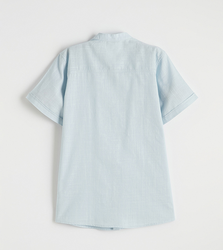 Solid Mandarin Collar Short Sleeves Poplin Shirt