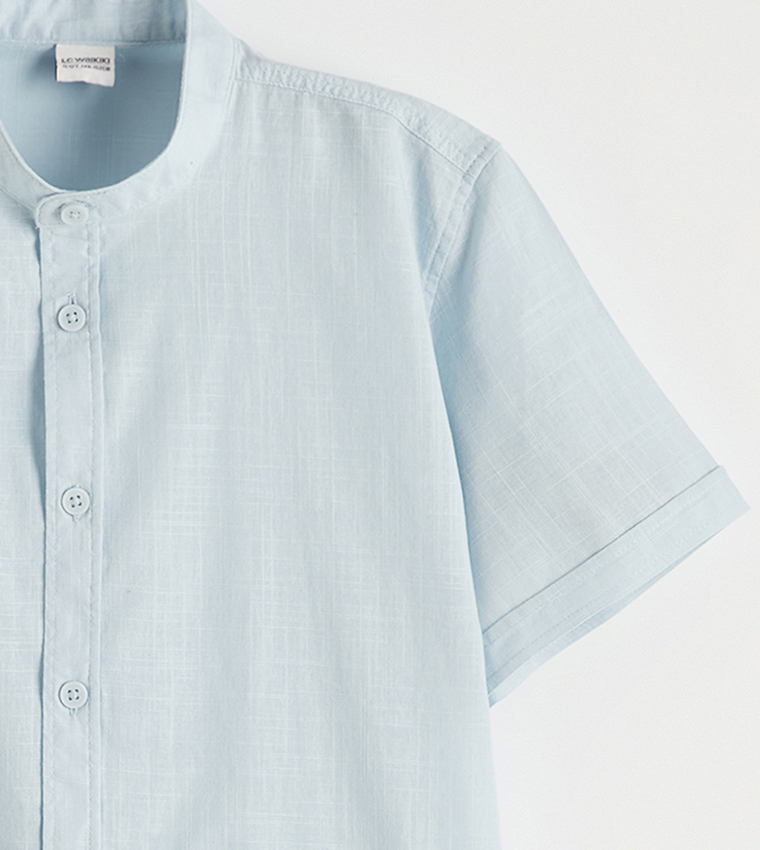Solid Mandarin Collar Short Sleeves Poplin Shirt