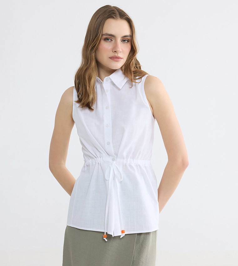 Drawstring Waist Collared Sleeveless Shirt