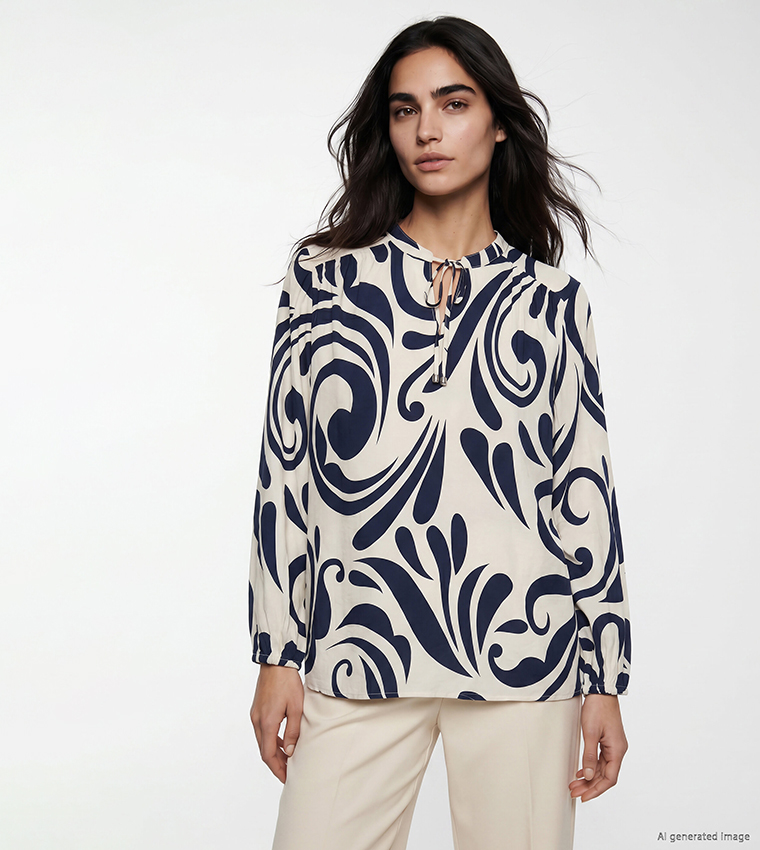 Swirl Print Tie-Up Long Sleeves Top