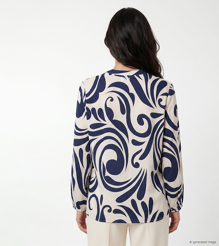 Swirl Print Tie-Up Long Sleeves Top