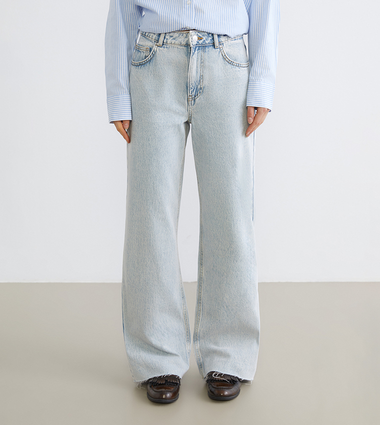 Washed Button Closure Wide Leg Jeans
