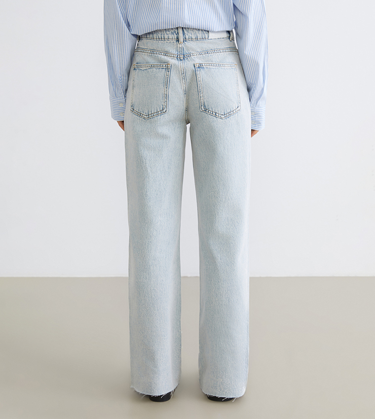 Washed Button Closure Wide Leg Jeans