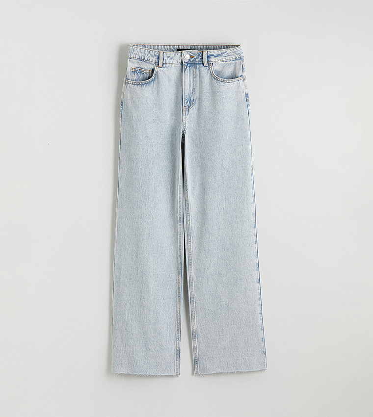 Washed Button Closure Wide Leg Jeans