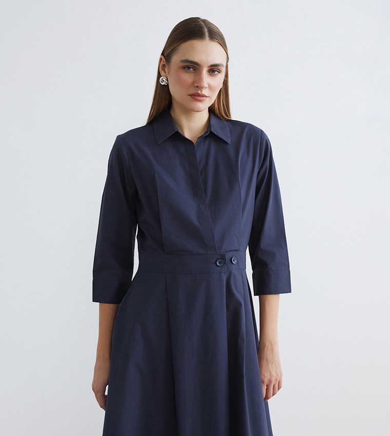 فستان ميدي سادة بقبة كم 3/4