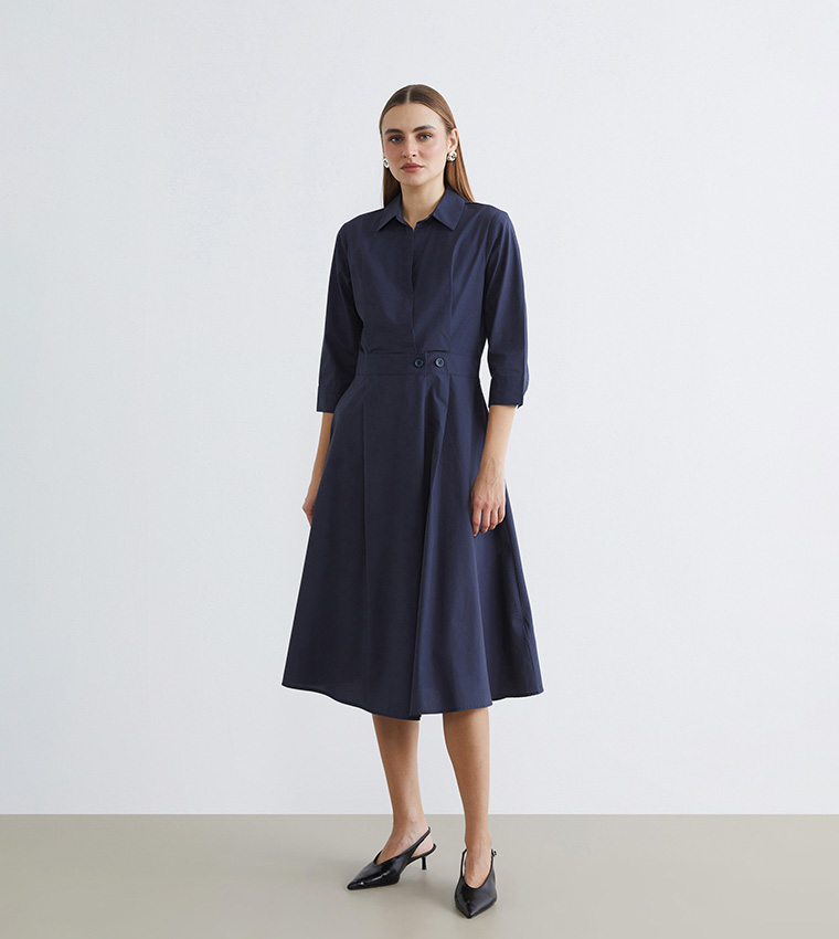 فستان ميدي سادة بقبة كم 3/4