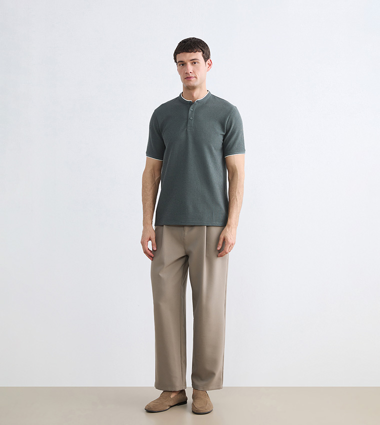 Textured Sleeves Grandad Collar T-Shirt