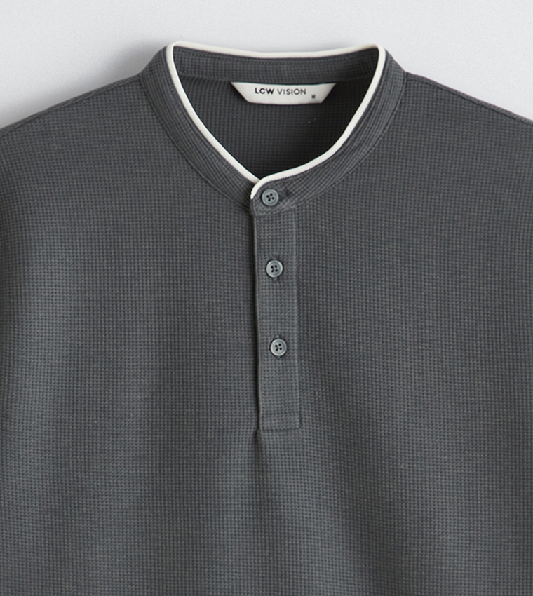 Textured Sleeves Grandad Collar T-Shirt