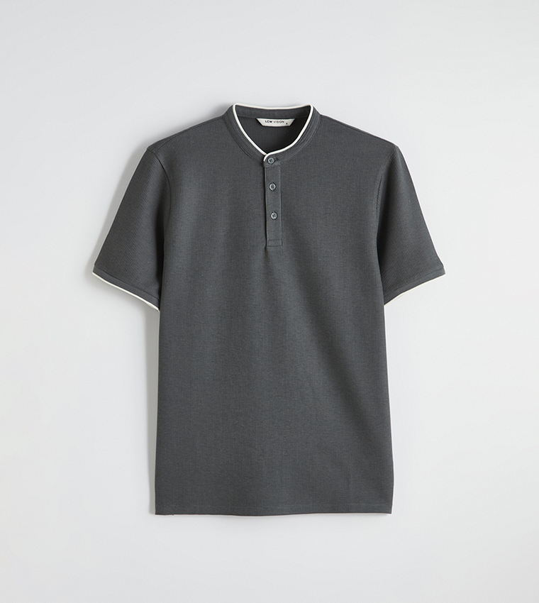 Textured Sleeves Grandad Collar T-Shirt