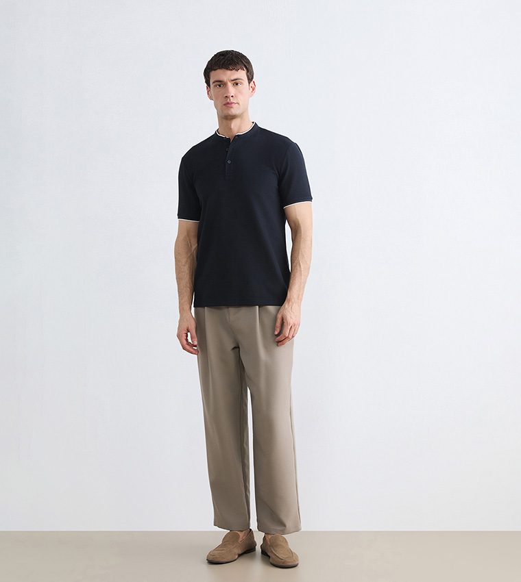 Textured Sleeves Grandad Collar T-Shirt