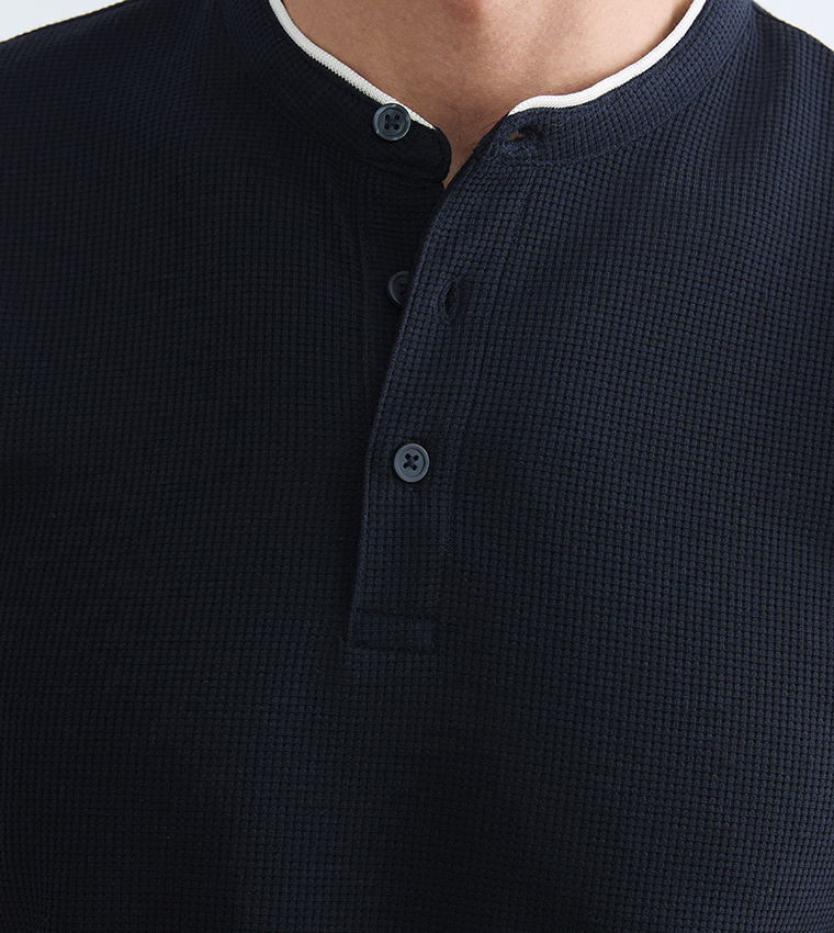 Textured Sleeves Grandad Collar T-Shirt