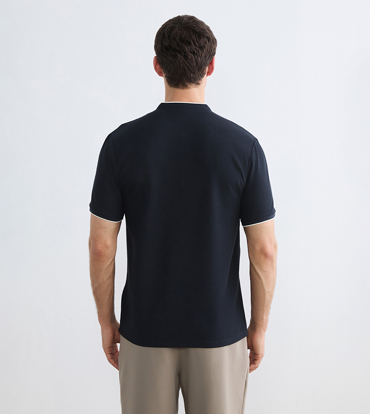 Textured Sleeves Grandad Collar T-Shirt