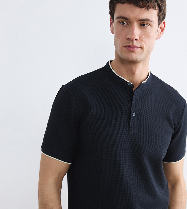 Textured Sleeves Grandad Collar T-Shirt