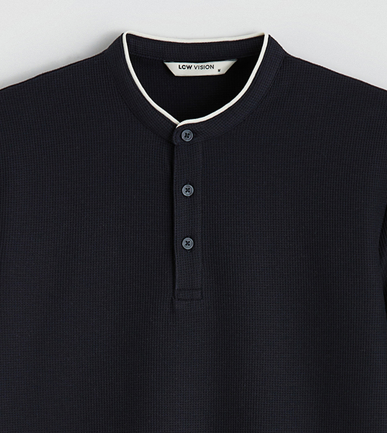 Textured Sleeves Grandad Collar T-Shirt