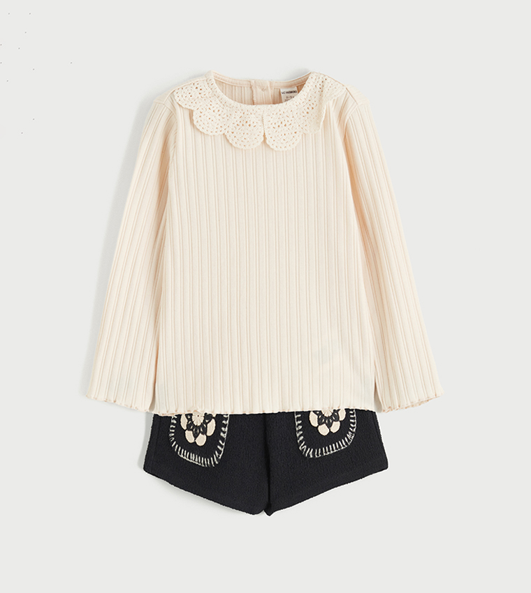 Ribbed Peter Pan Collar Top and Shorts Set