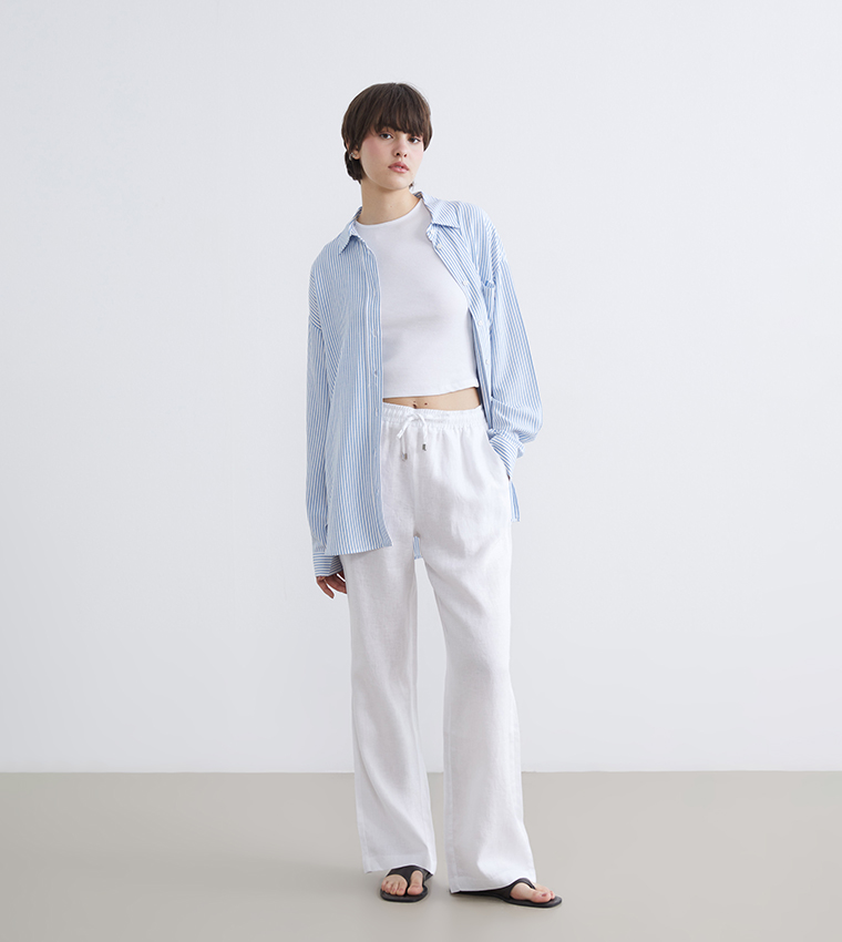 Solid Drawstring Waist Woven Trousers