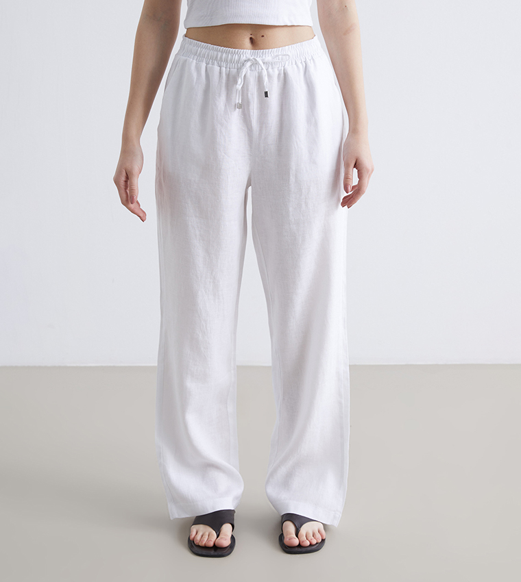 Solid Drawstring Waist Woven Trousers