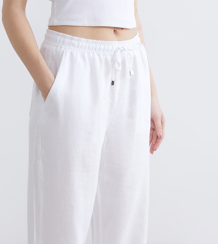 Solid Drawstring Waist Woven Trousers