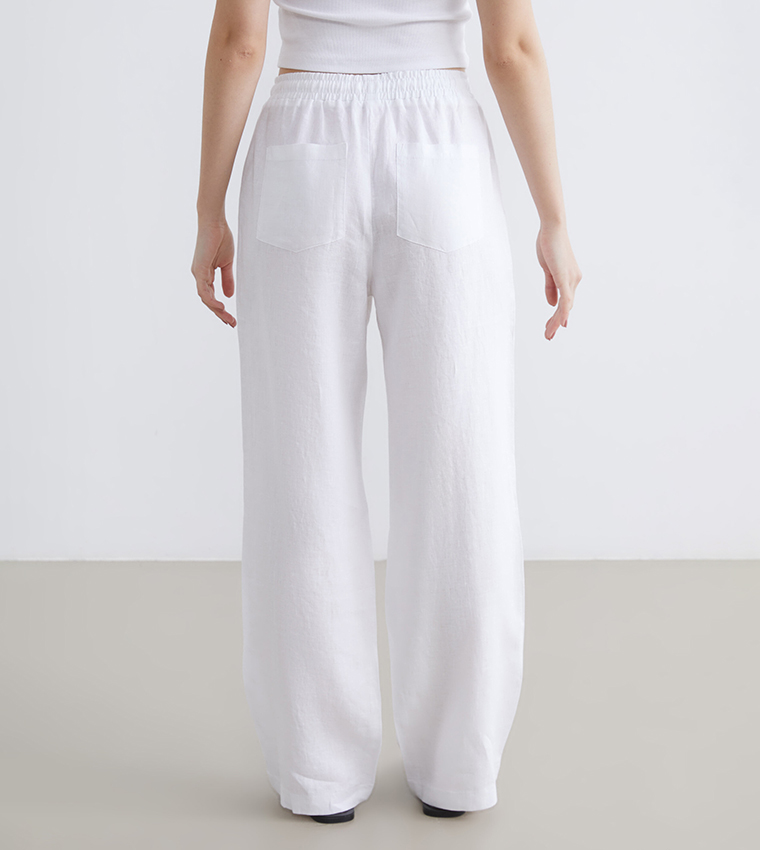 Solid Drawstring Waist Woven Trousers