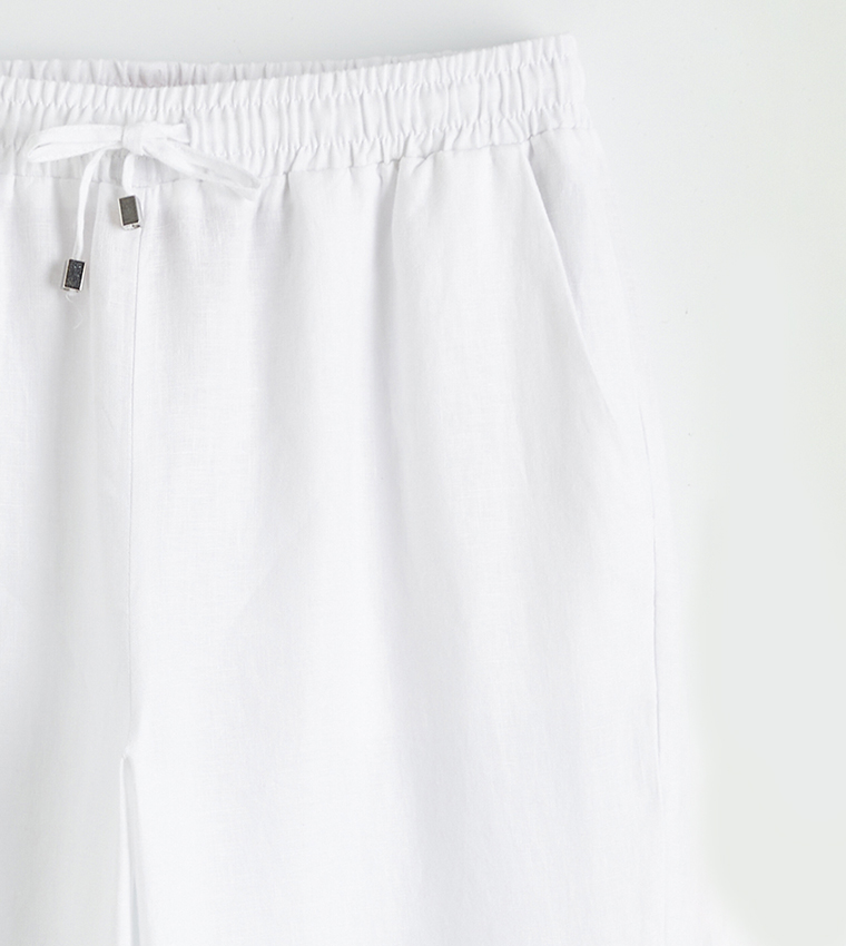 Solid Drawstring Waist Woven Trousers