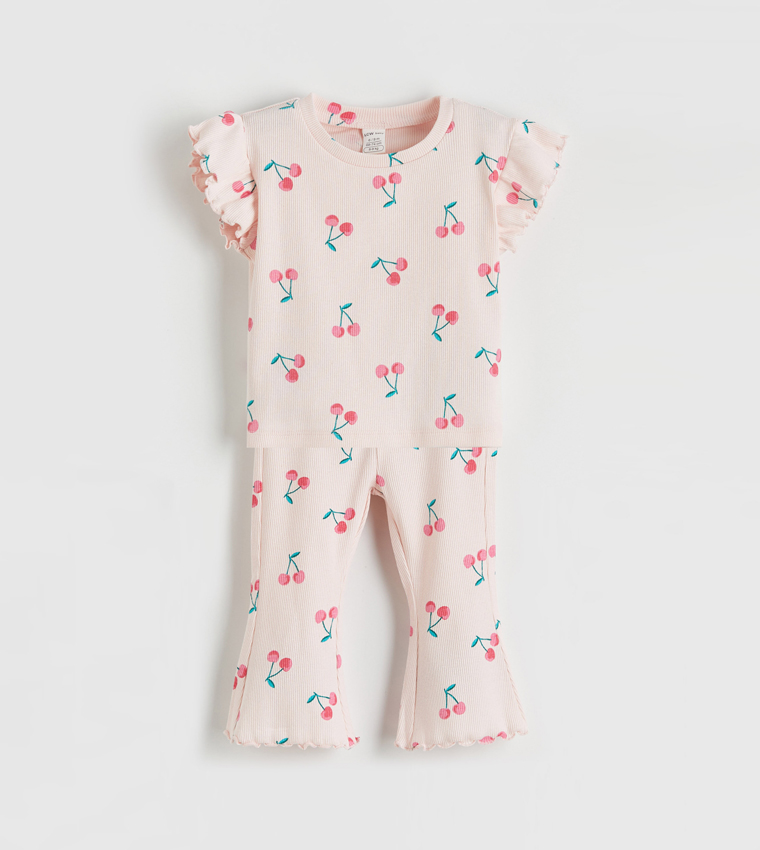 Printed Short Sleeves Top and Flared Pants Set