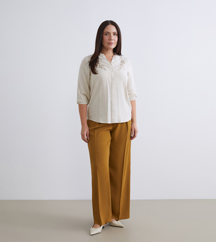 Striped Embroidered Linen-Blend Top