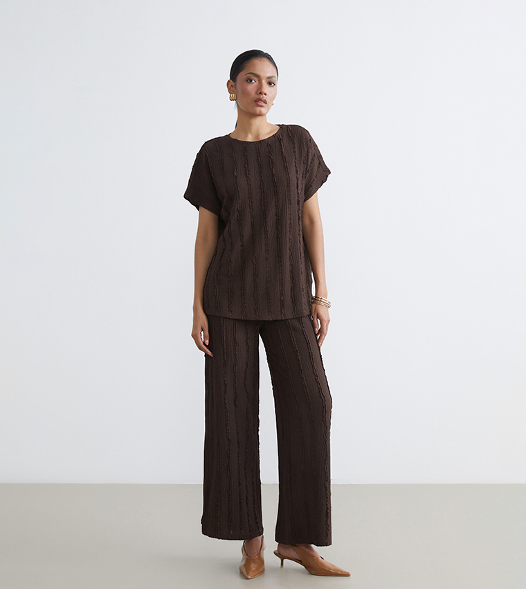 Textured Elastic Waist Wide Leg Trousers