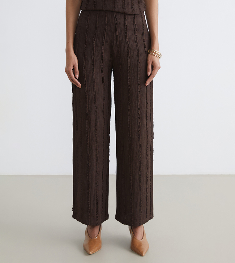 Textured Elastic Waist Wide Leg Trousers