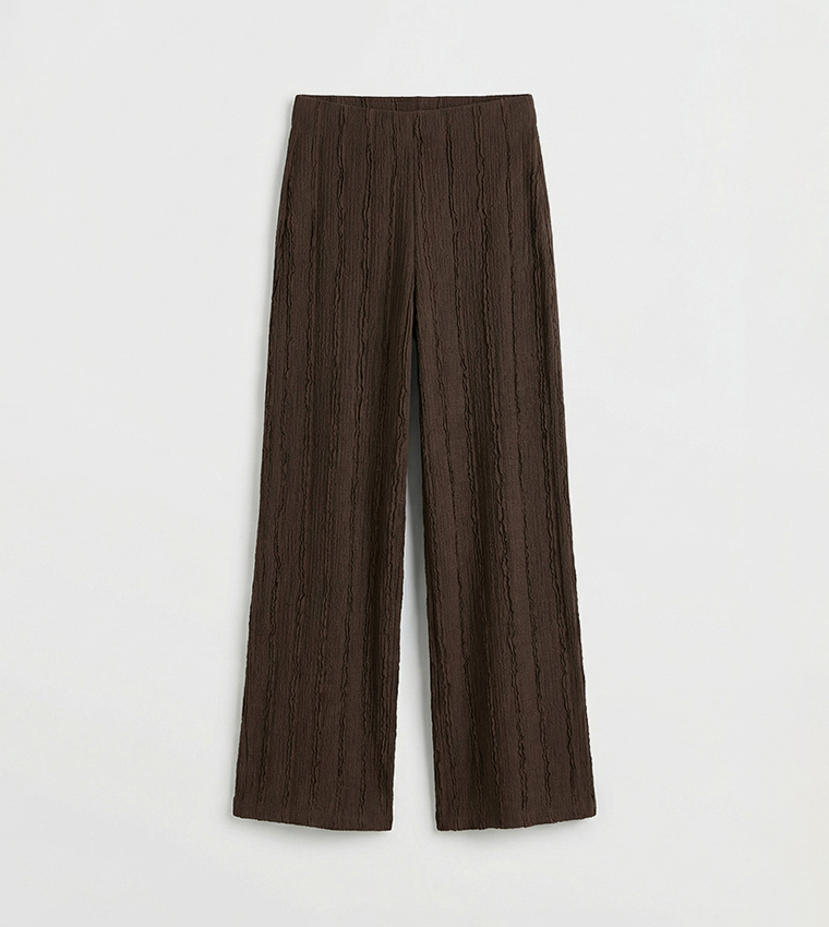 Textured Elastic Waist Wide Leg Trousers