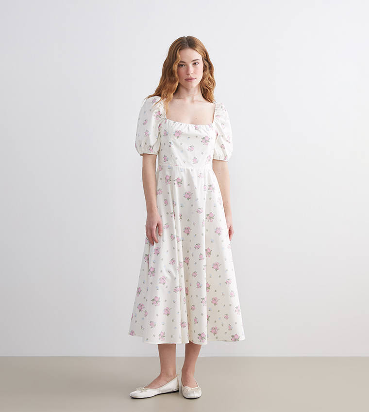 Floral Print Short Sleeves Midi Dress