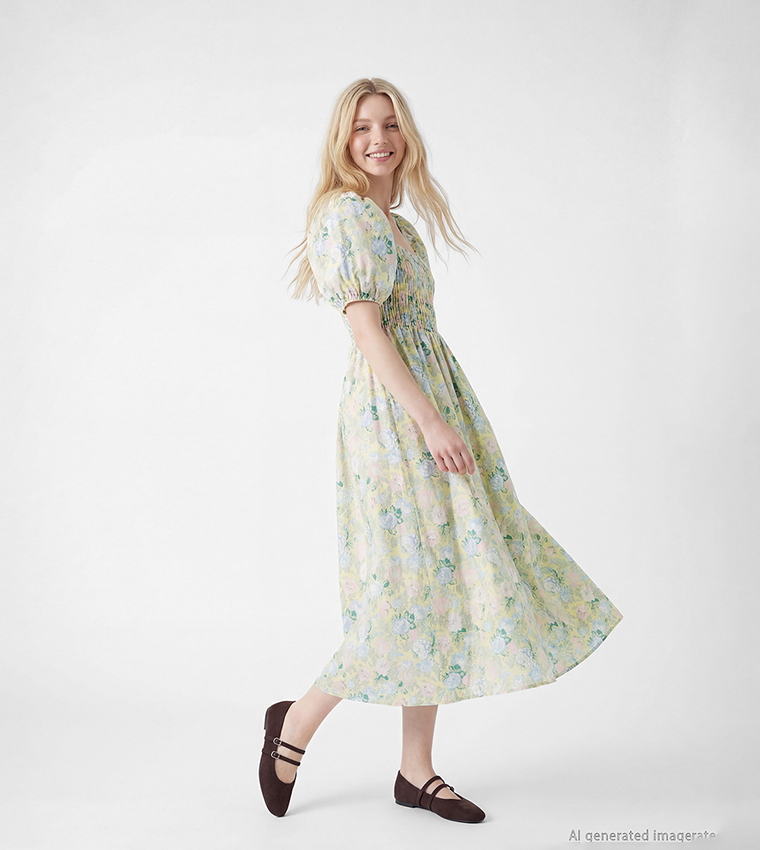 Floral Print Smocked Bodice Puff Short Sleeves Square Neck Midi Dress