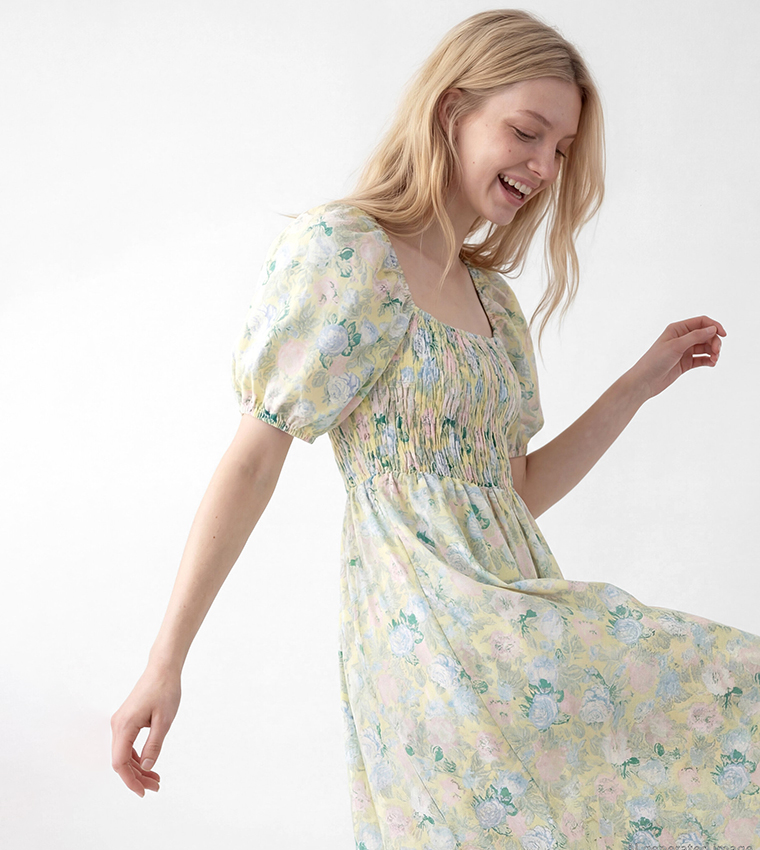 Floral Print Smocked Bodice Puff Short Sleeves Square Neck Midi Dress