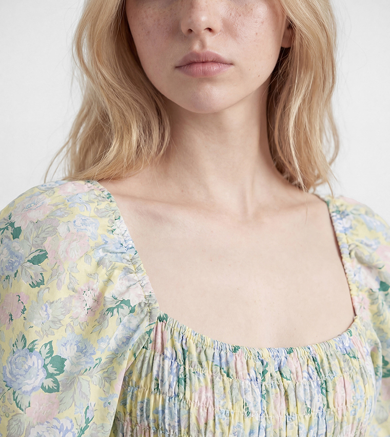 Floral Print Smocked Bodice Puff Short Sleeves Square Neck Midi Dress