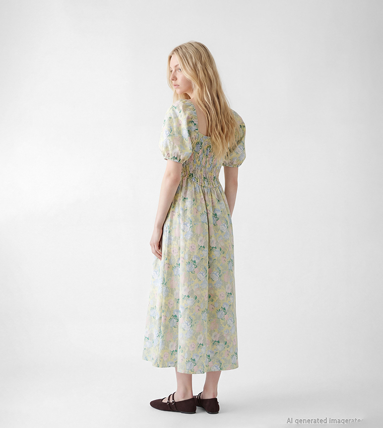 Floral Print Smocked Bodice Puff Short Sleeves Square Neck Midi Dress