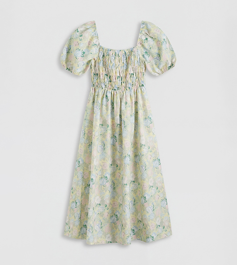 Floral Print Smocked Bodice Puff Short Sleeves Square Neck Midi Dress