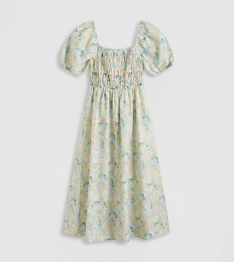 Floral Print Smocked Bodice Puff Short Sleeves Square Neck Midi Dress