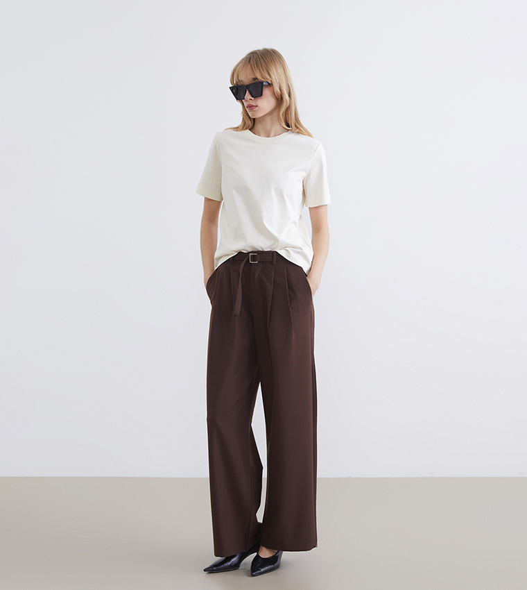 Belted High Waist Wide Leg Trousers