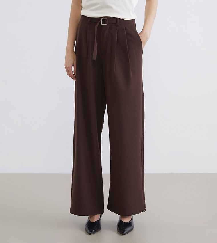 Belted High Waist Wide Leg Trousers