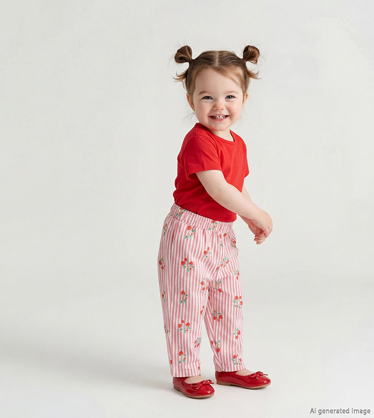 Strawberry Printed Elastic Waist Gabardine Trousers