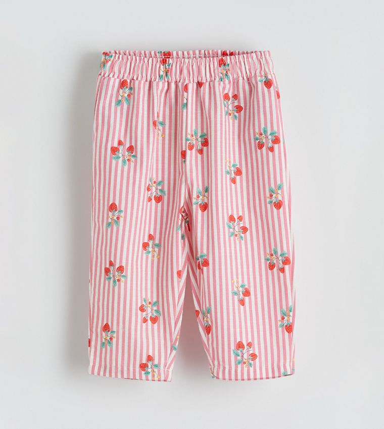 Strawberry Printed Elastic Waist Gabardine Trousers